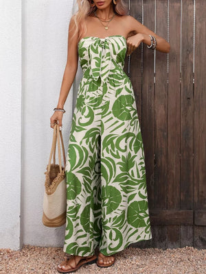 Green tropical print strapless tie-front wide leg maternity jumpsuit