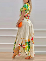 Tropical print crop top and a-line skirt set with a high-low hem.