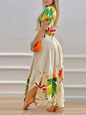 Tropical print crop top and a-line skirt set with a high-low hem.