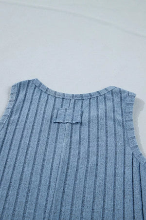 Textured blue mineral wash tank top with vertical ribbing and a bow detail at the back neckline.