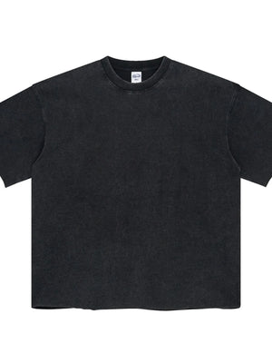 Black boxy tee with raw hem and relaxed fit