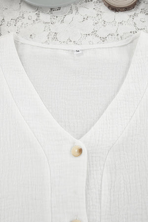 White gauze lounge set with V-neck and button detail