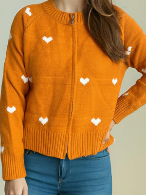 Tangerine zip-through knit cardigan with white heart appliqué and ribbed details.