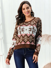 Geometric Snowflake Knit Sweater in Chestnut, acrylic, crew neck, long sleeve, with fair isle pattern.