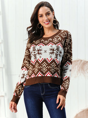 Geometric Snowflake Knit Sweater in Chestnut, acrylic, crew neck, long sleeve, with fair isle pattern.
