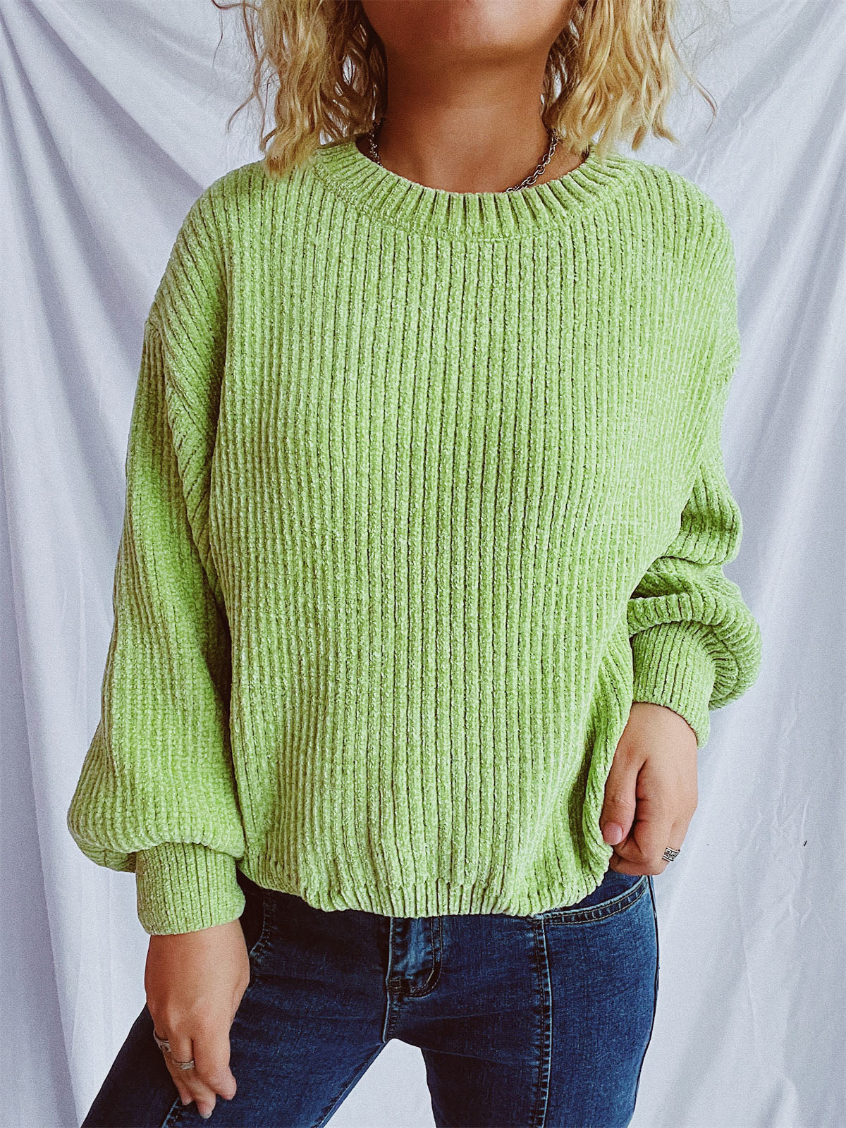 Lime textured ribbed knit relaxed crewneck pullover sweater with balloon sleeves.