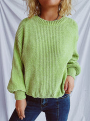Lime textured ribbed knit relaxed crewneck pullover sweater with balloon sleeves.