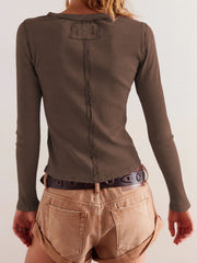 Ribbed button-up second-skin top in coffee brown with long sleeves and a seam detail down the back.