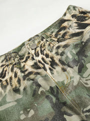 Maternity cargo capris with leopard and camouflage print, featuring a button closure and pockets.