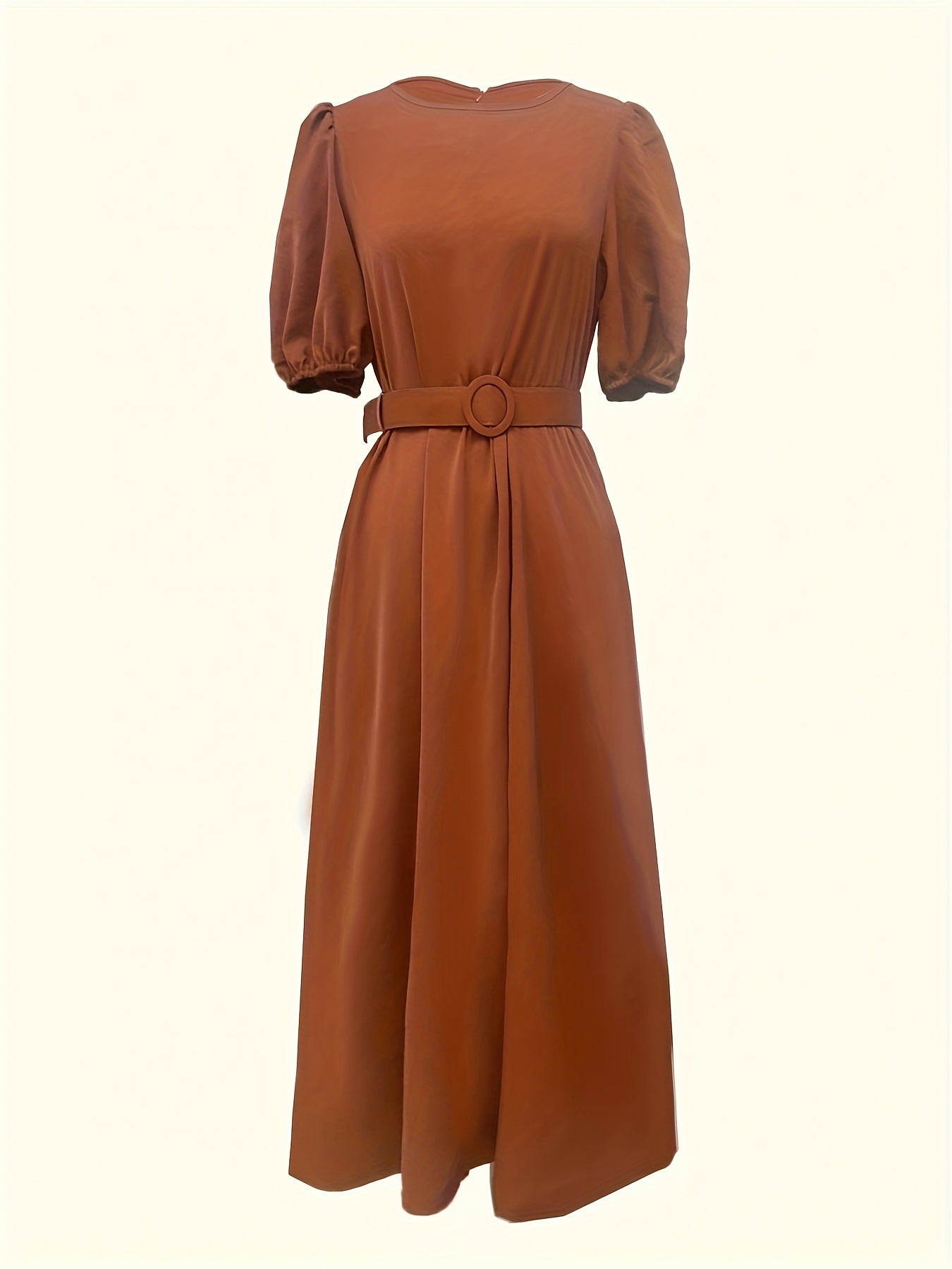 Belted midi dress in rust with puff sleeves and a round neckline.
