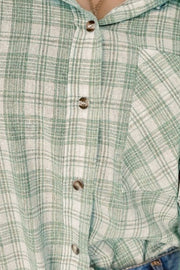 Plaid hooded shirt jacket in Gum Leaf green cotton with button front and chest pocket.