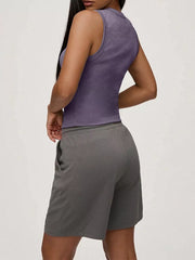 Dark purple ribbed button-front tank top with a fitted silhouette.