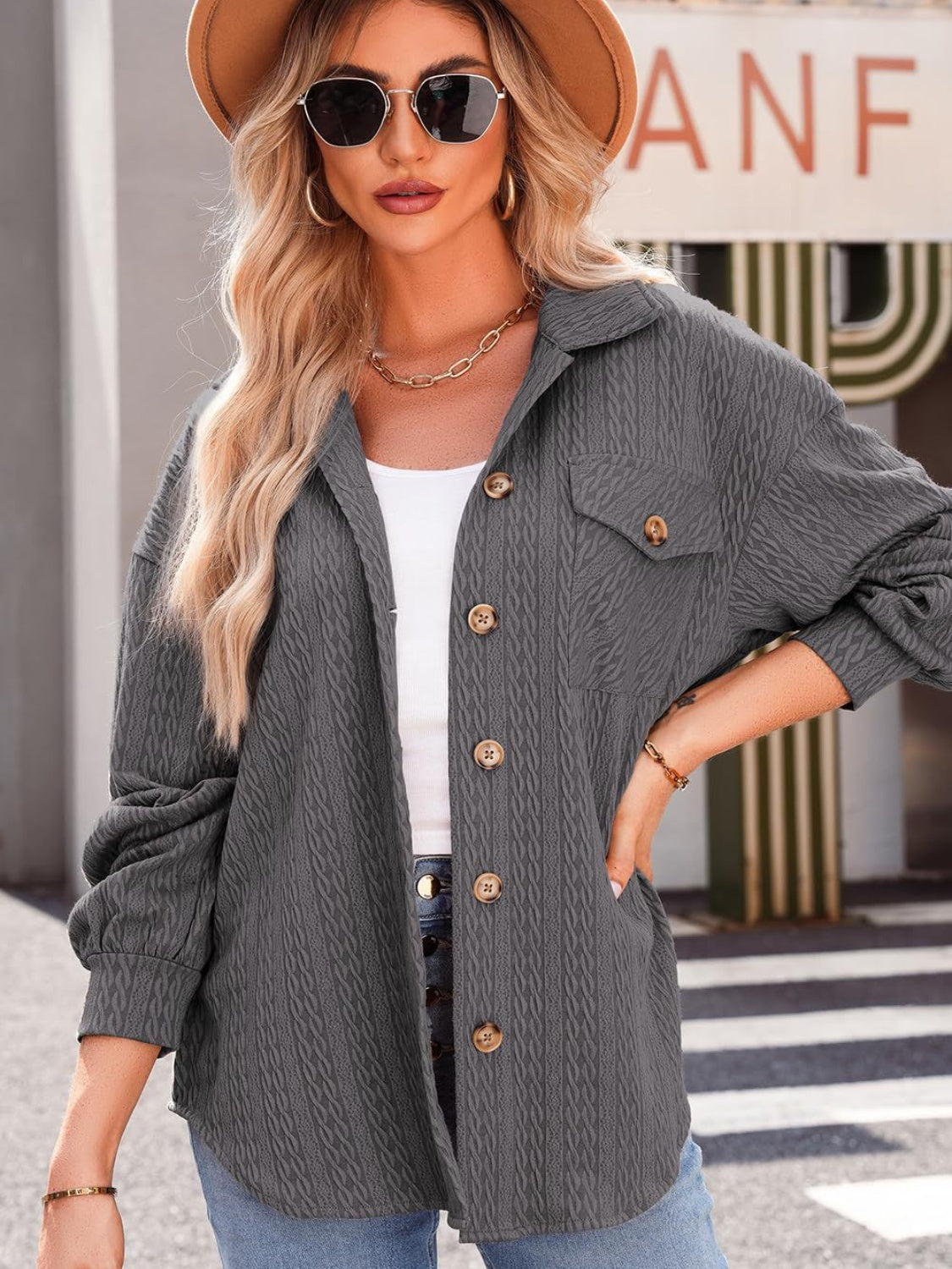 Dark Gray textured oversized button-down shacket with buttoned pockets and collar