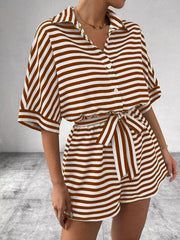 Striped Button Front Half Sleeve Romper in Dark Blue, view 13