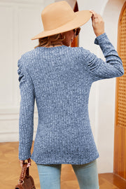 Textured knit blouse in dusty blue with ruched sleeve detail