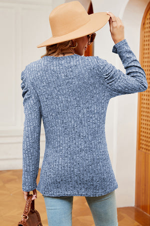 Textured knit blouse in dusty blue with ruched sleeve detail