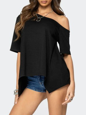 Black off-shoulder t-shirt with asymmetrical hem and short sleeves.