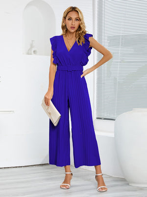 Blue pleated ruffle wrap jumpsuit with belt and wide legs.