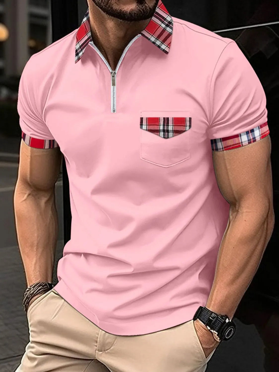Dusty Pink polo shirt with plaid trim on collar, pocket, and sleeves.