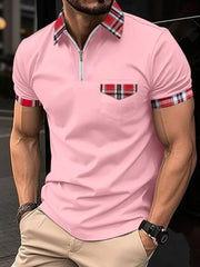 Dusty Pink polo shirt with plaid trim on collar, pocket, and sleeves.