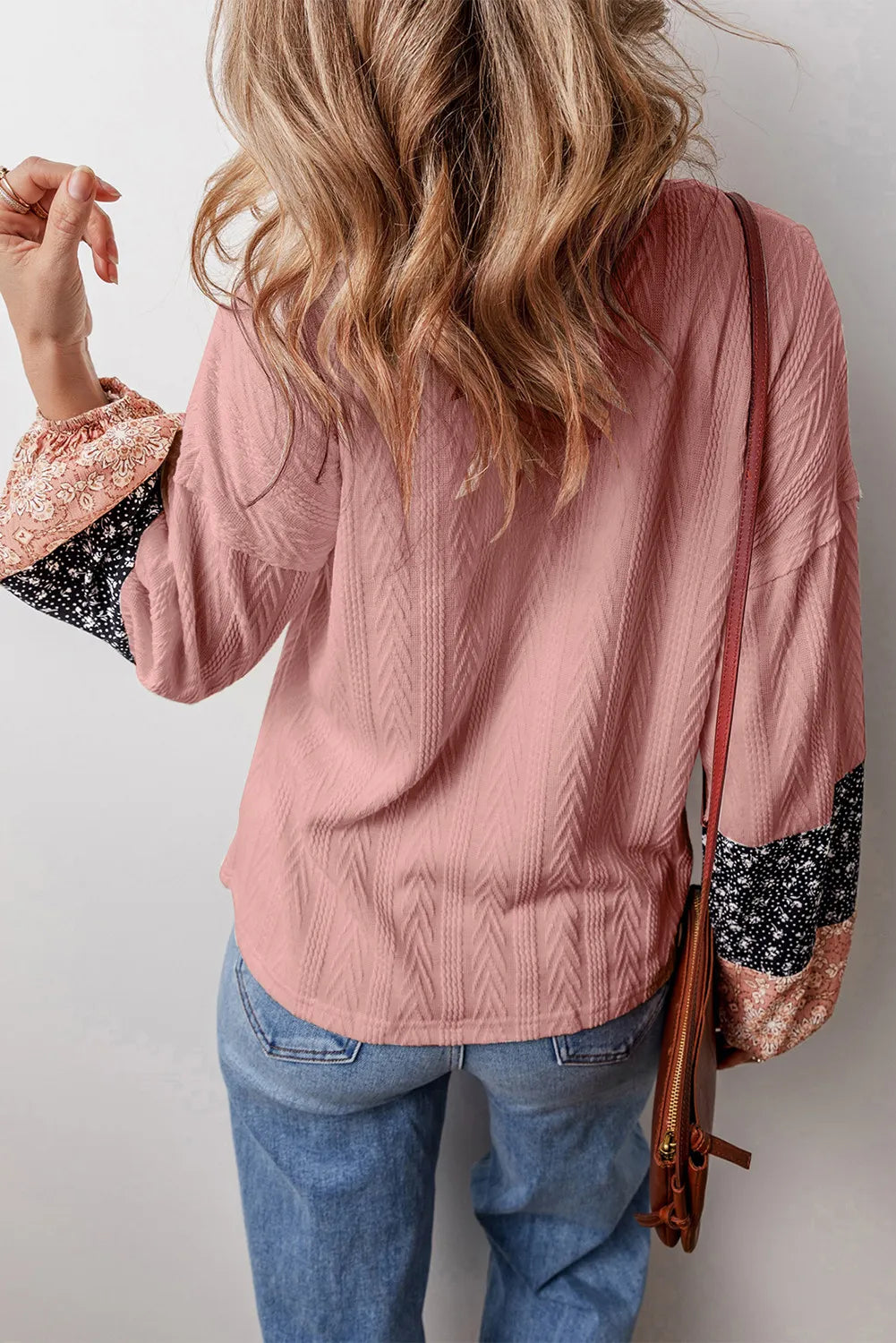 Dusty Pink textured sleeve blouse with mixed print cuffs and a relaxed fit.