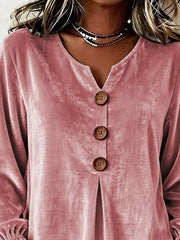 Velvet Button Decor Blouse With Ruffled Cuffs in Black, side view