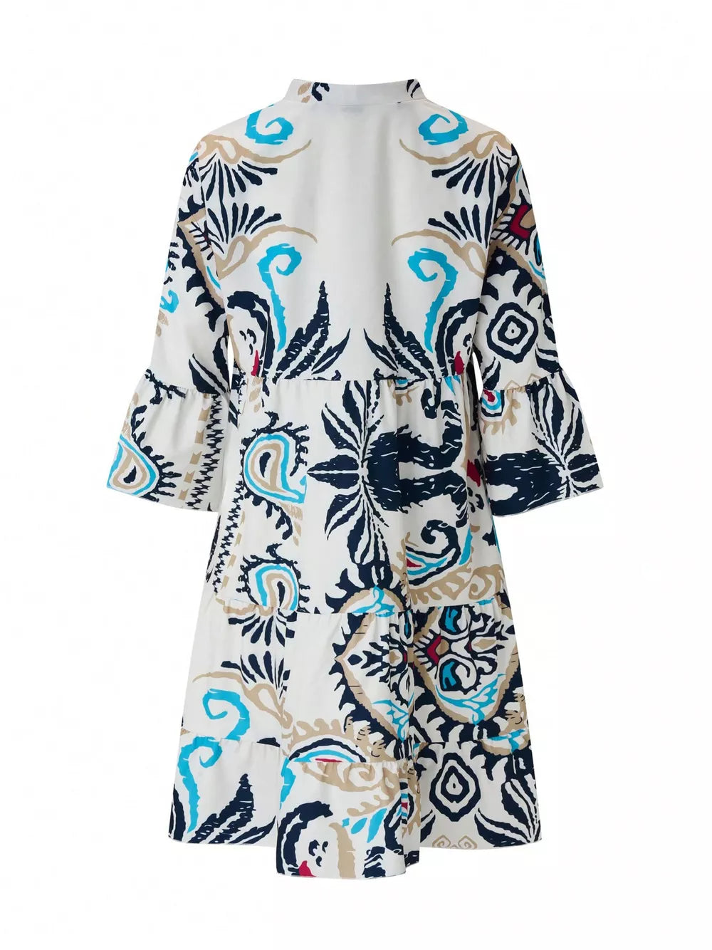 Vibrant tiered mini dress with abstract print, collared neckline, button detail, and ruffled sleeves.