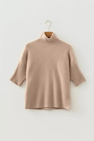 Ribbed Trim Mock Neck Short Sleeve Sweater, close-up detail