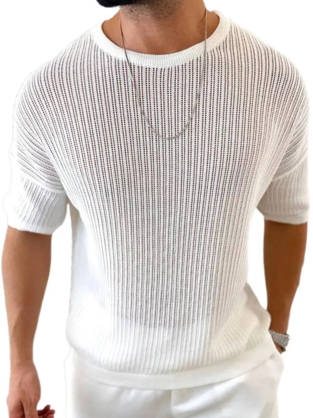 White open-knit boxy sleeve sweater with vertical ribbing and a crew neck.