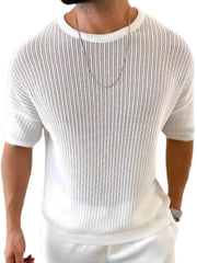 White open-knit boxy sleeve sweater with vertical ribbing and a crew neck.
