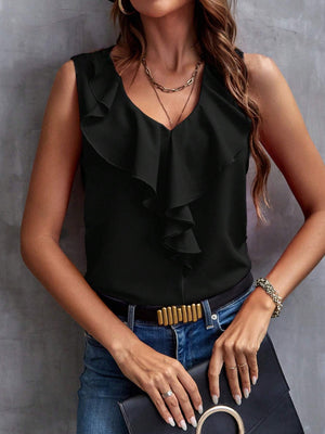 Black sleeveless blouse with cascading ruffles and V-neck.