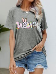 Heather Gray Easter Mama graphic t-shirt with bunny ears and colorful patterns.