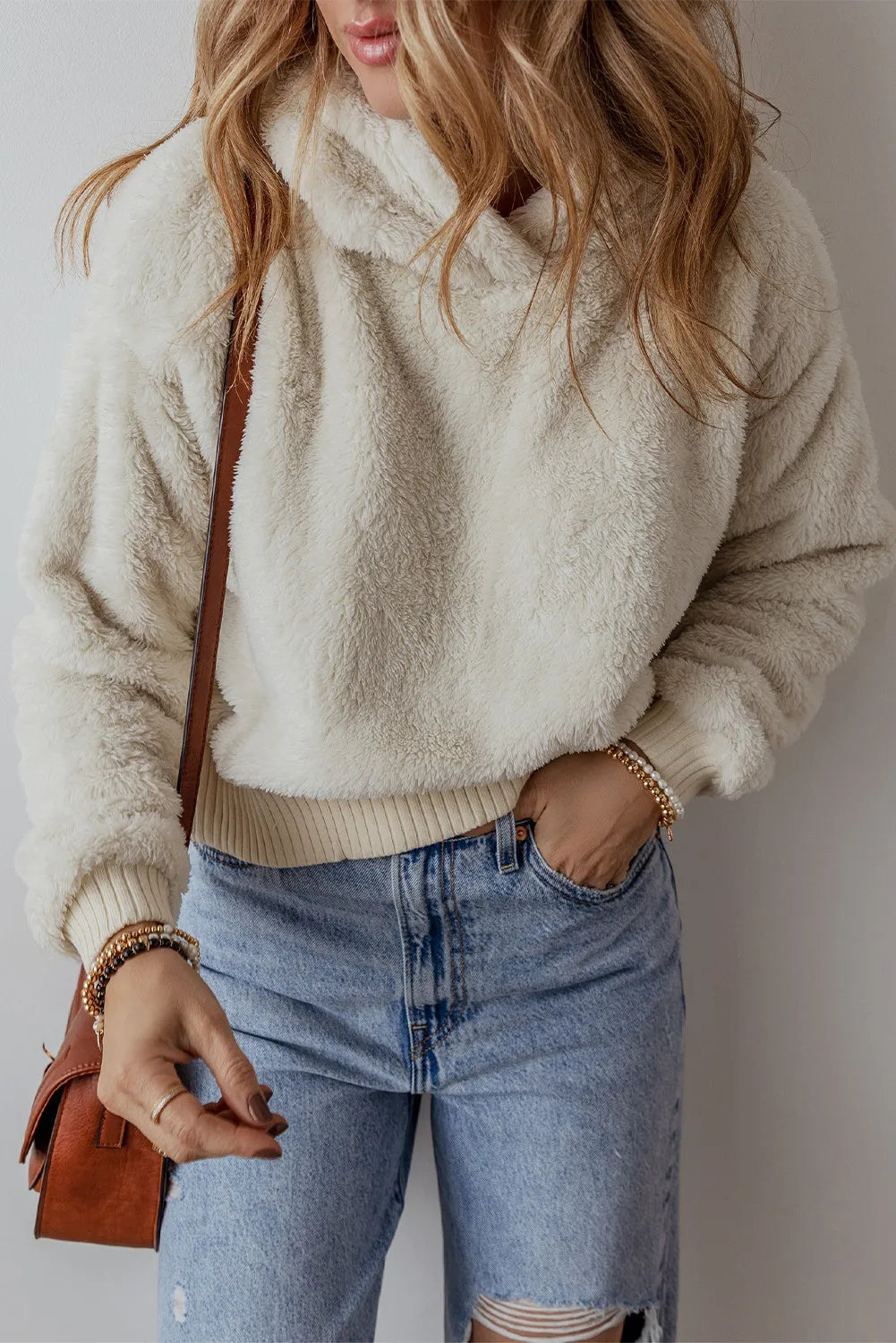 Beige plush fleece cropped hoodie with ribbed cuffs and hem