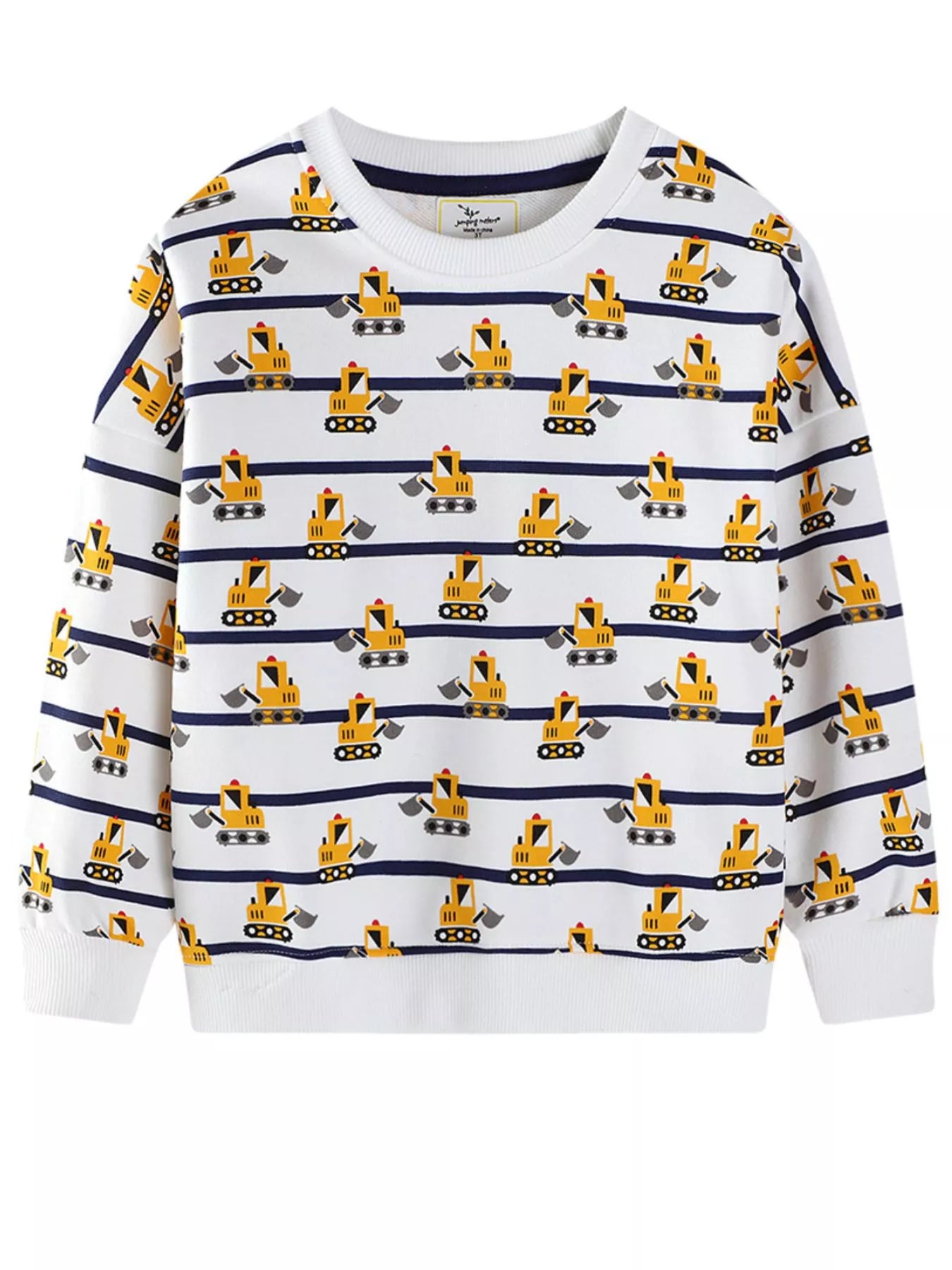 Baby crew neck sweatshirt in ivory with excavator print and navy stripes.