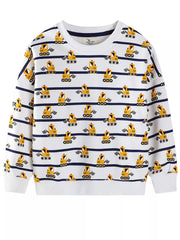 Baby crew neck sweatshirt in ivory with excavator print and navy stripes.