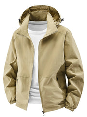 Khaki hooded windbreaker jacket with zip closure and pockets