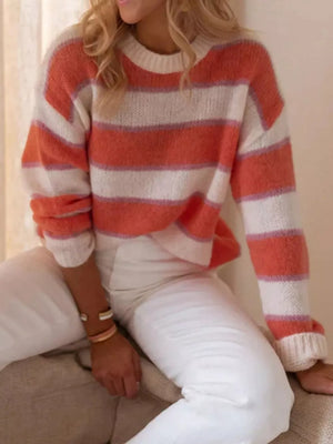Vibrant striped knit sweater, army green or burnt coral, relaxed fit, acrylic.