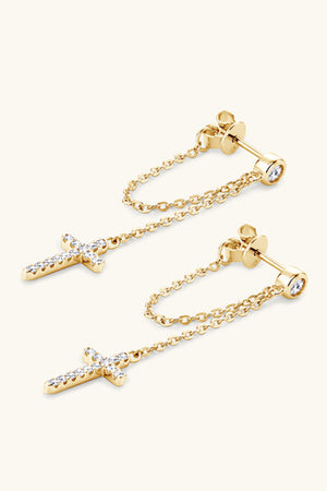 Gold dangling cross chain stud earrings with cubic zirconia accents.