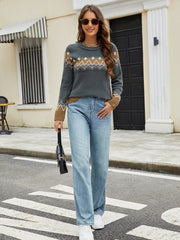 Dark Gray Fair Isle Yoke Knit Sweater with brown accents on sleeves and hem.