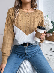 Chevron cable knit sweater in camel and white with crew neck and long sleeves.