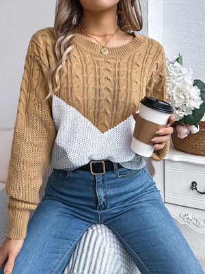 Chevron cable knit sweater in camel and white with crew neck and long sleeves.