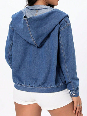 Denim bomber hooded jacket in medium wash with elasticated hem and cuffs.