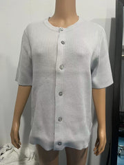 Slightly cropped gray ribbed button-down cardigan with short sleeves.