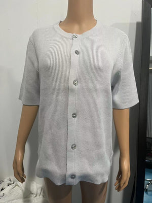 Slightly cropped gray ribbed button-down cardigan with short sleeves.