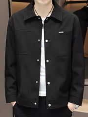 Men's black snap down jacket with collar and chest pockets.