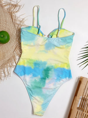 Aqua tie-dye one-piece swimsuit with keyhole and cutout detail