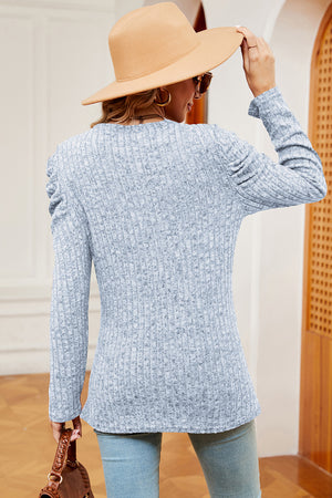 Light Gray textured knit blouse with ruched drape sleeves and a crew neck.