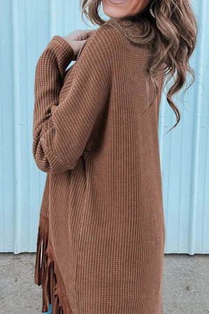 Waffle knit sweater top in brown with fringe hem