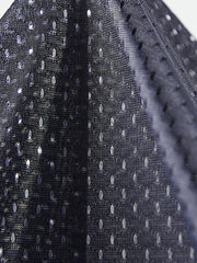Dark blue mesh men's vest with oval perforations, showing fabric detail.