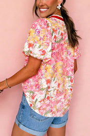 Contrast Collared V Neck Short Sleeve Floral Blouse in Floral, close-up detail